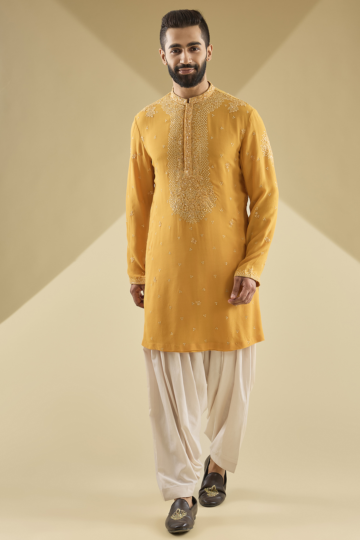 Yellow Georgette Kurta Set by Dolly J MAN