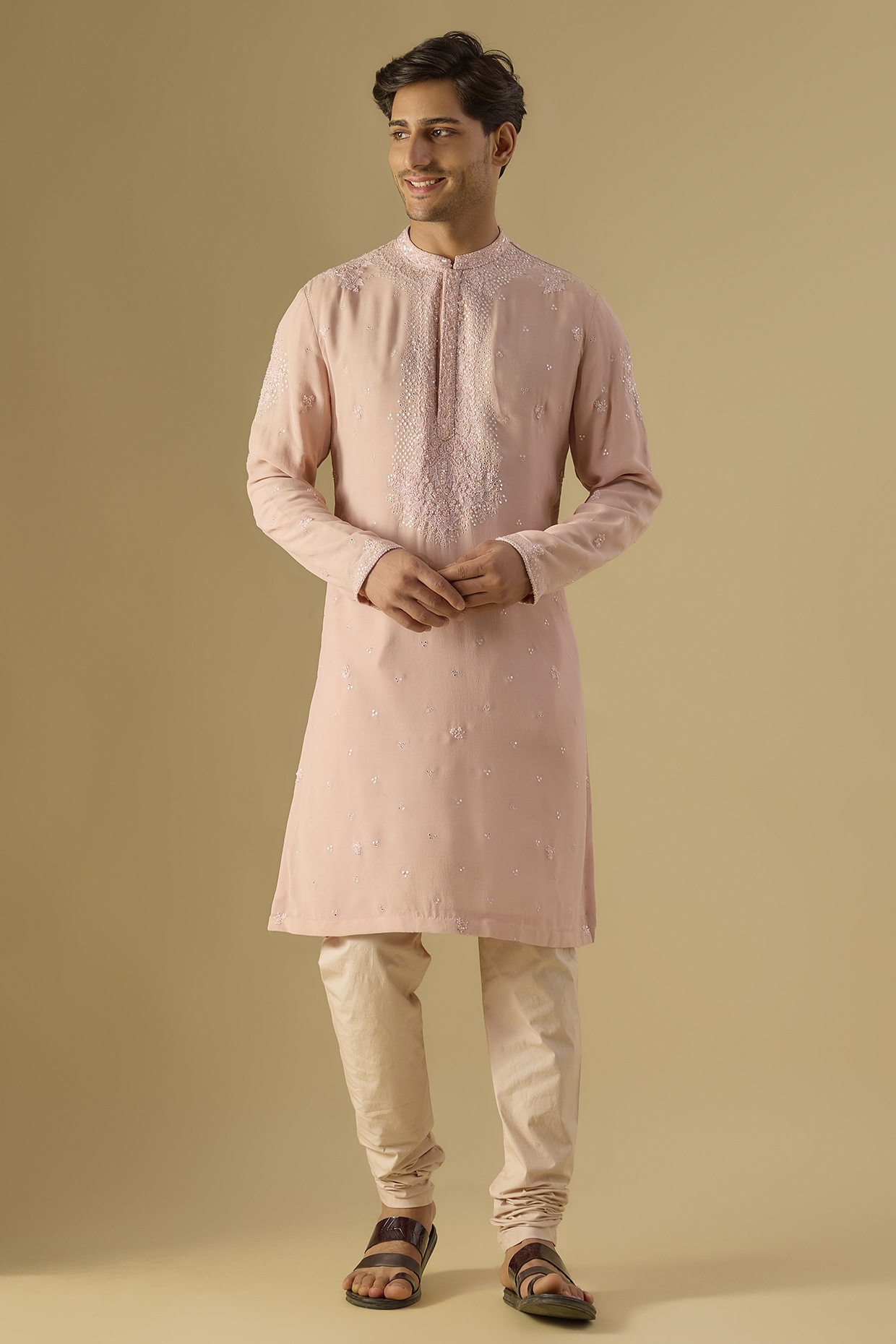 Patel Pink Georgette Chikankari Embroidered Kurta Set by Dolly J MAN
