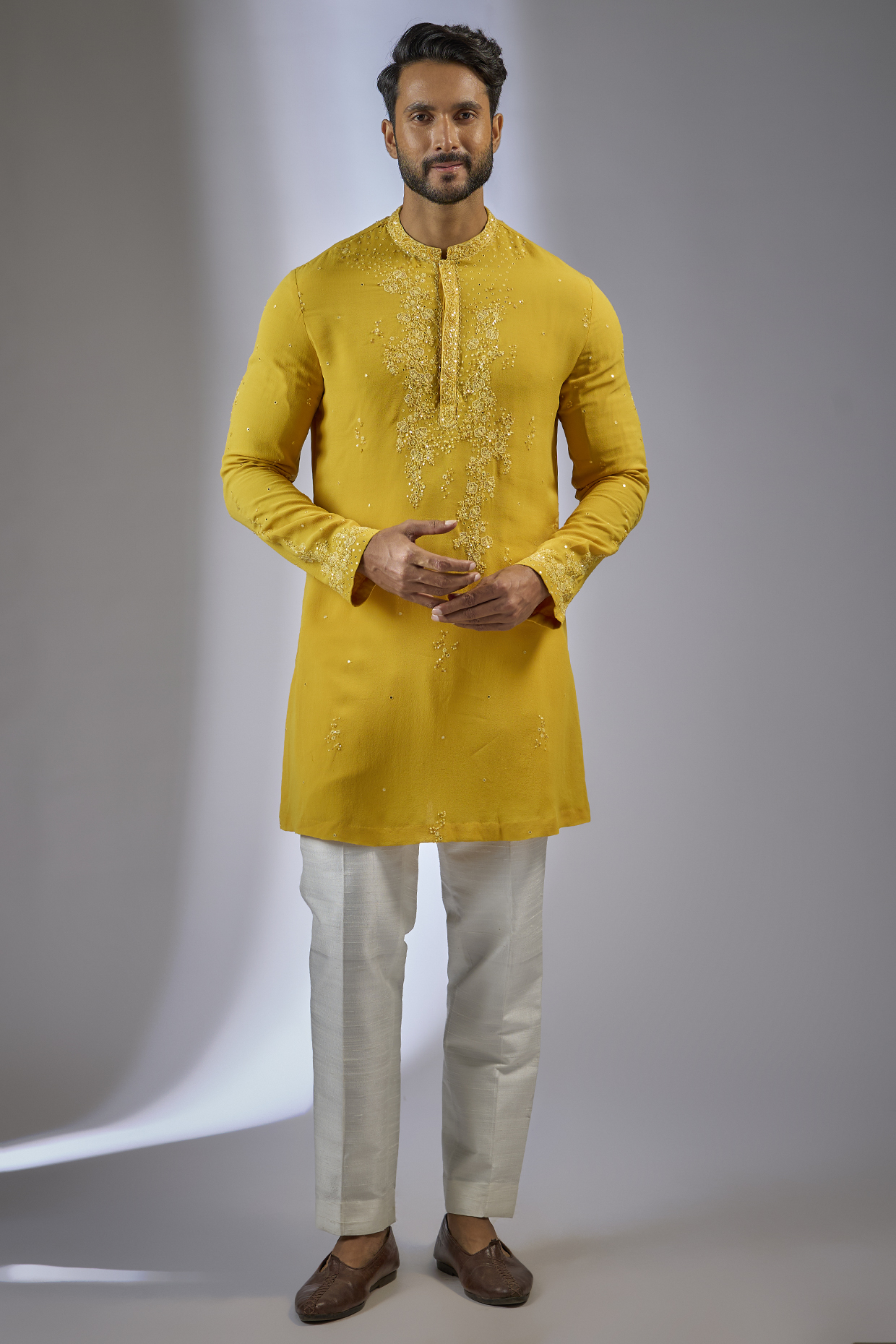 Yellow Georgette Embellished Kurta Set by Dolly J MAN
