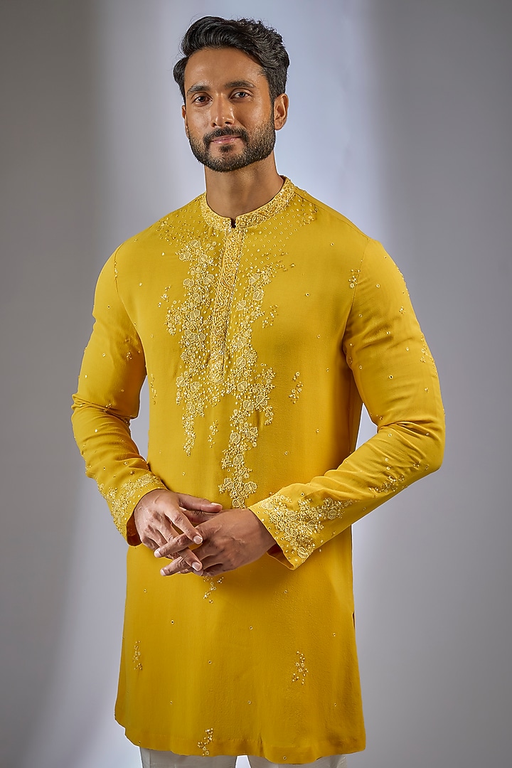 Yellow Georgette Embellished Kurta Set by Dolly J MAN at Pernia's Pop Up Shop