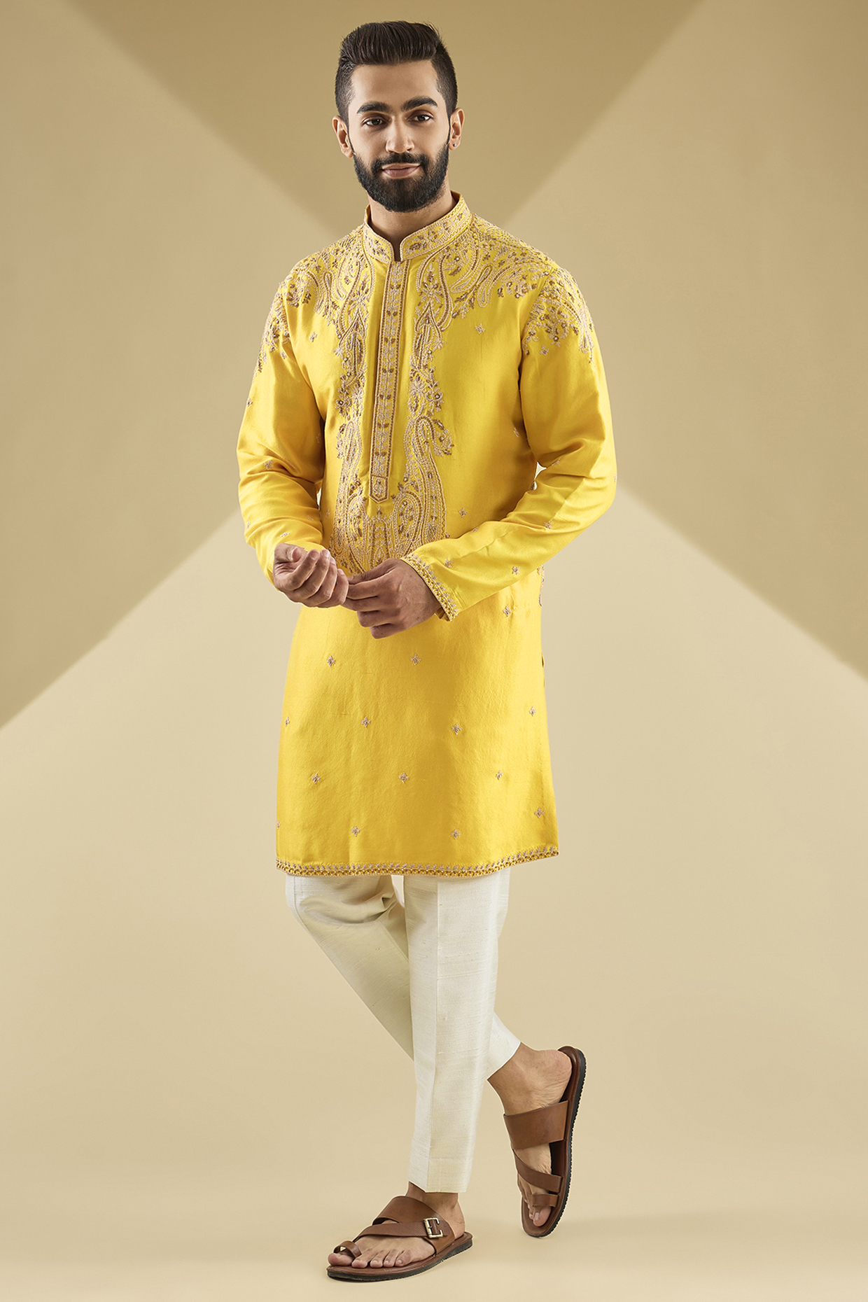Yellow Silk Kurta Set by Dolly J MAN