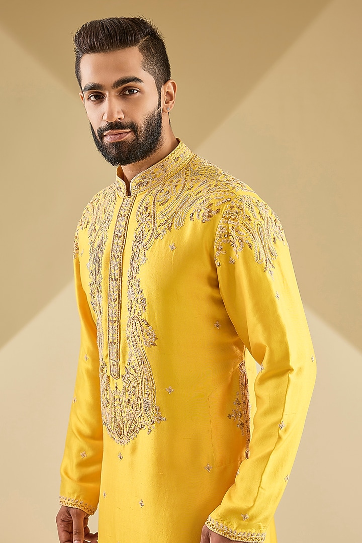 Yellow Silk Kurta Set by Dolly J MAN at Pernia's Pop Up Shop