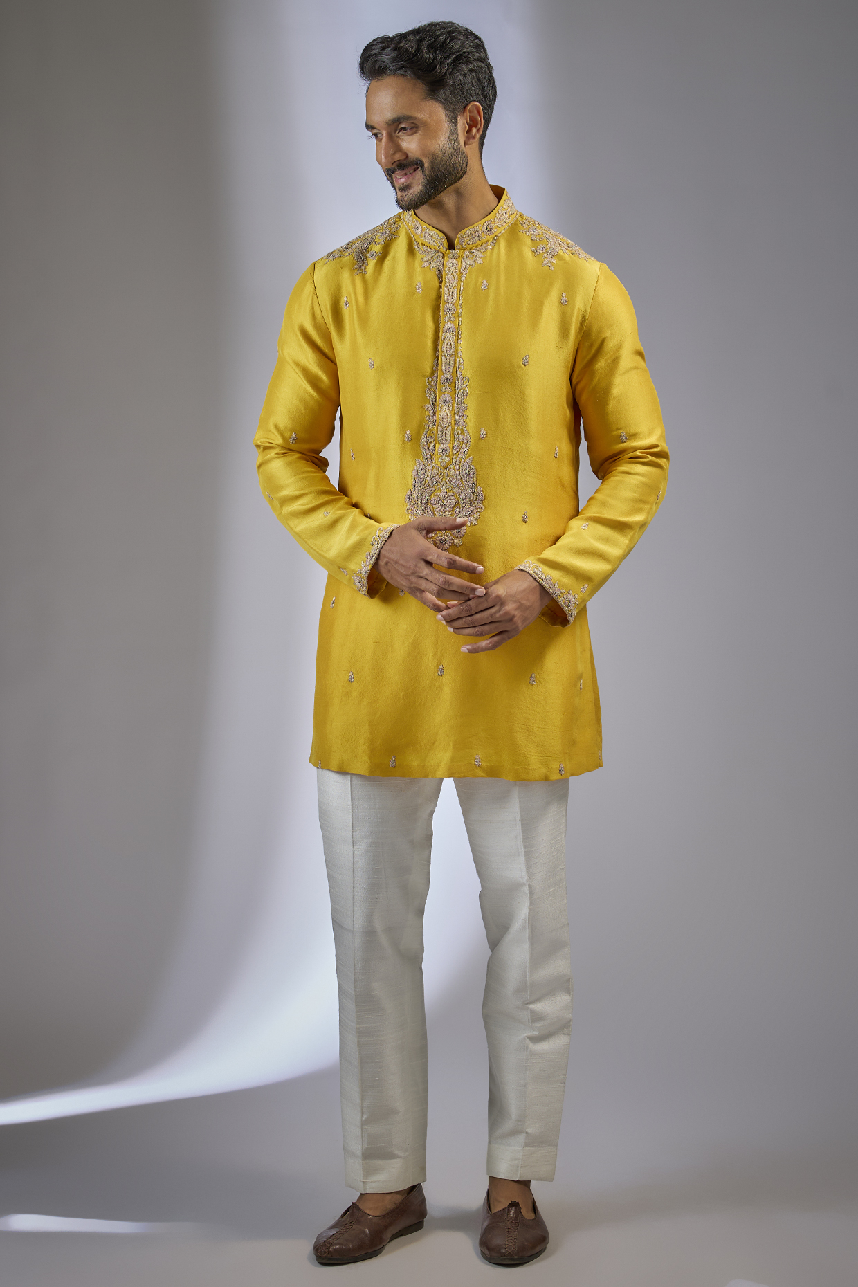 Yellow Silk Embellished Kurta Set by Dolly J MAN