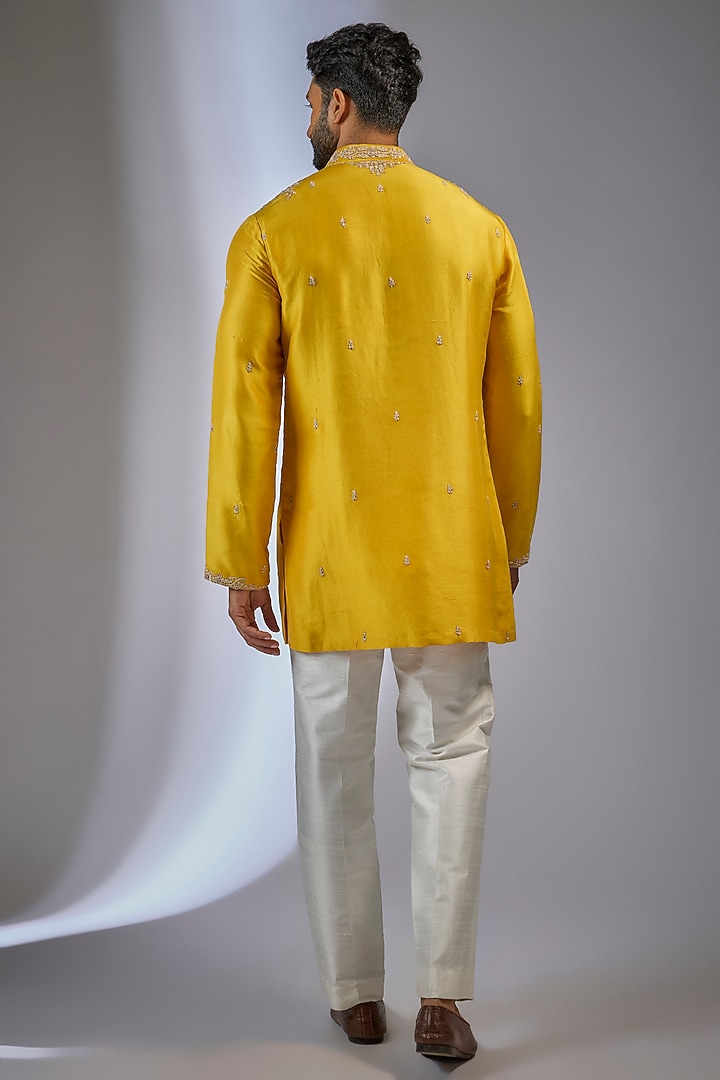 Yellow Silk Embellished Kurta Set by Dolly J MAN at Pernia's Pop Up Shop