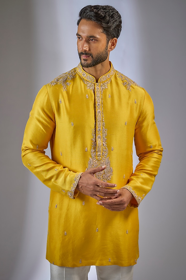 Yellow Silk Embellished Kurta Set by Dolly J MAN at Pernia's Pop Up Shop