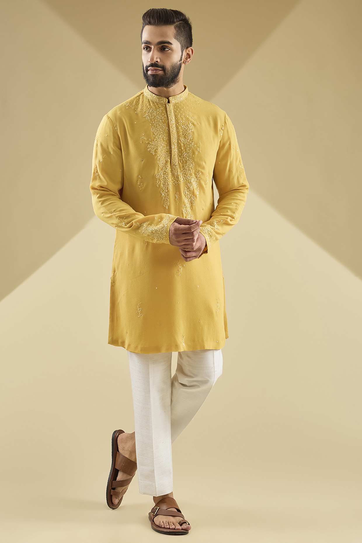 Yellow Georgette Kurta Set by Dolly J MAN