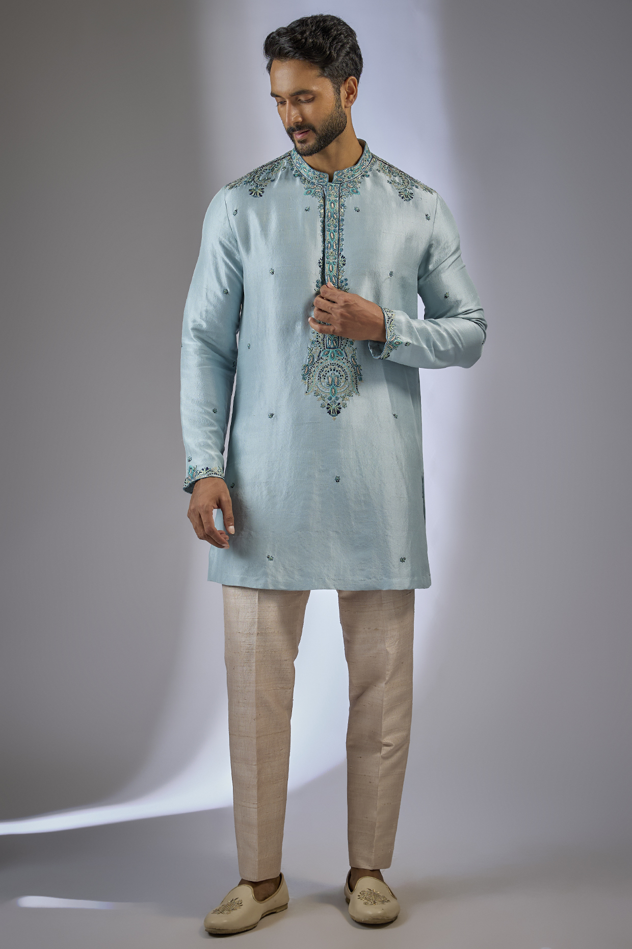 Light Blue Silk Embellished Kurta Set by Dolly J MAN