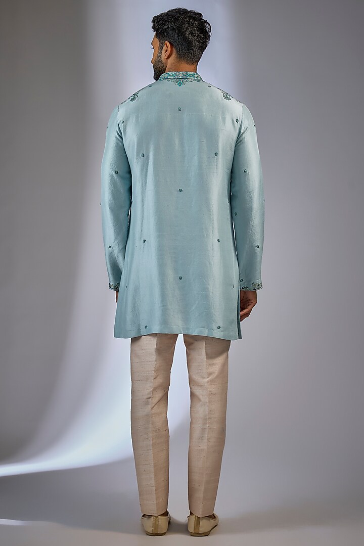 Light Blue Silk Embellished Kurta Set by Dolly J MAN at Pernia's Pop Up Shop