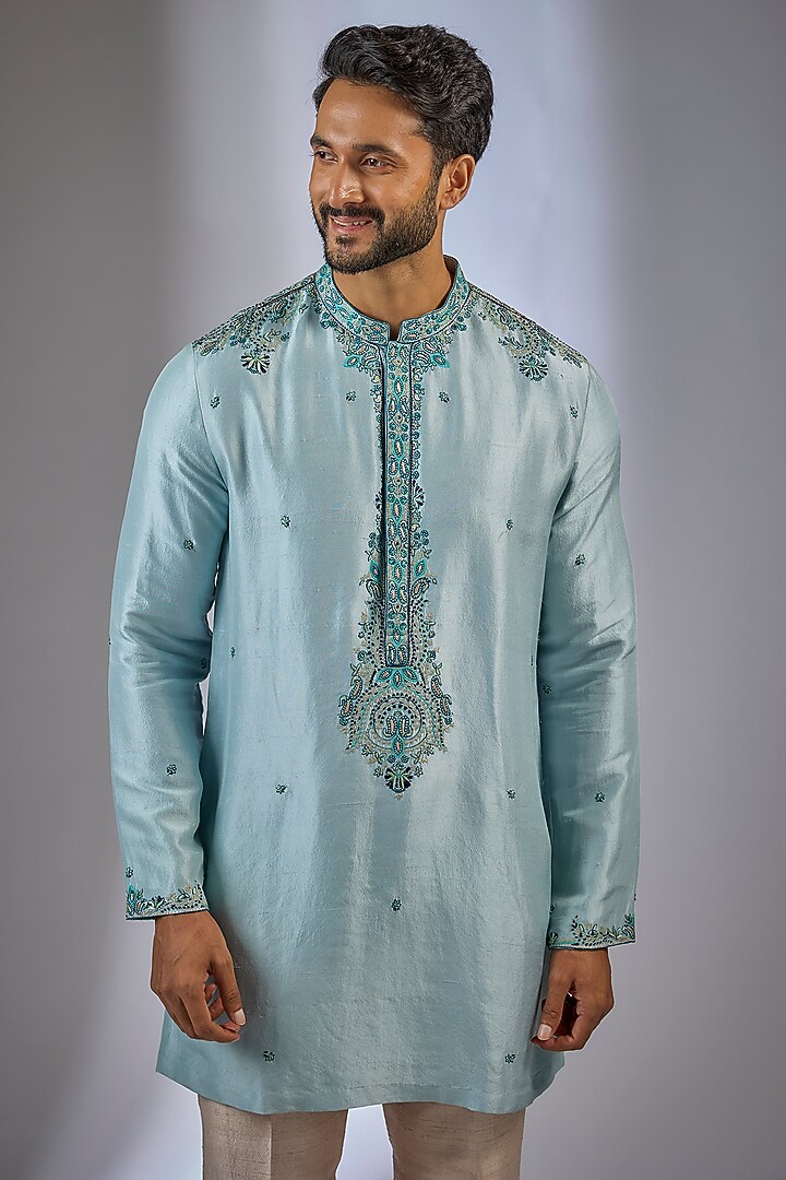 Light Blue Silk Embellished Kurta Set by Dolly J MAN at Pernia's Pop Up Shop
