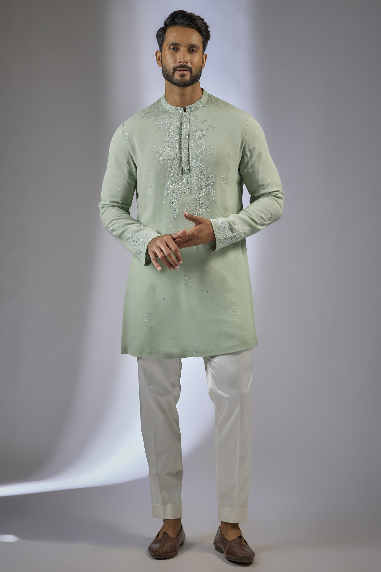 Light Green Silk Embellished Kurta Set by Dolly J MAN