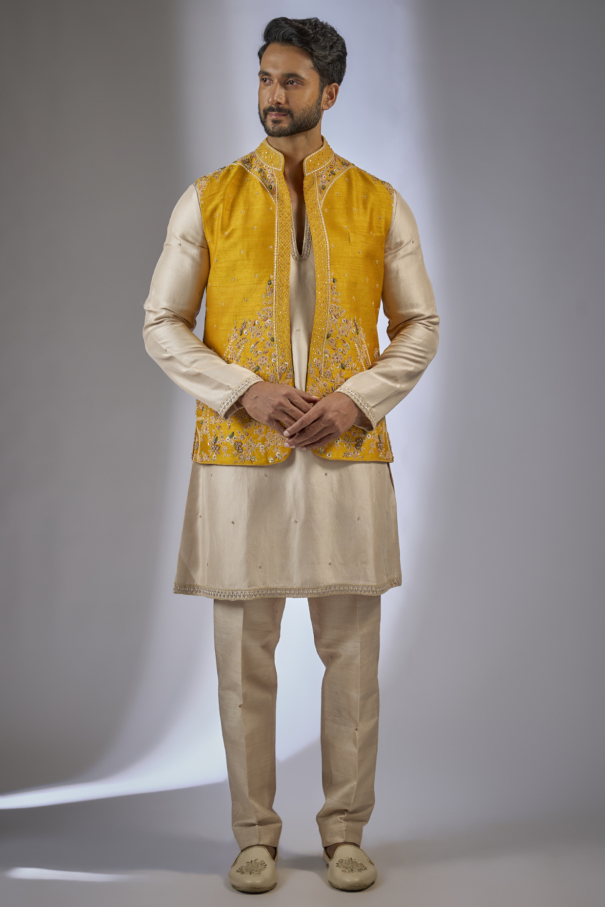 Yellow Raw Silk Bundi Set by Dolly J MAN