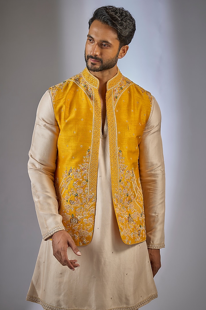 Yellow Raw Silk Bundi Set by Dolly J MAN at Pernia's Pop Up Shop