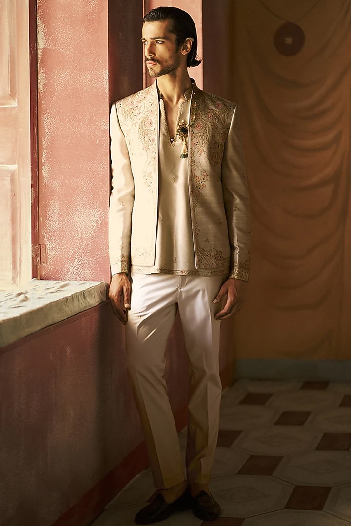 Sea Breeze Raw Silk Groom Indowestern Set by Dolly J MAN at Pernia's Pop Up Shop