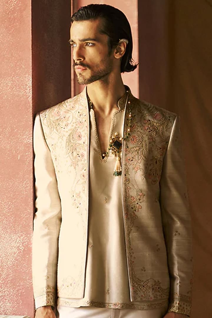 Sea Breeze Raw Silk Groom Indowestern Set by Dolly J MAN at Pernia's Pop Up Shop