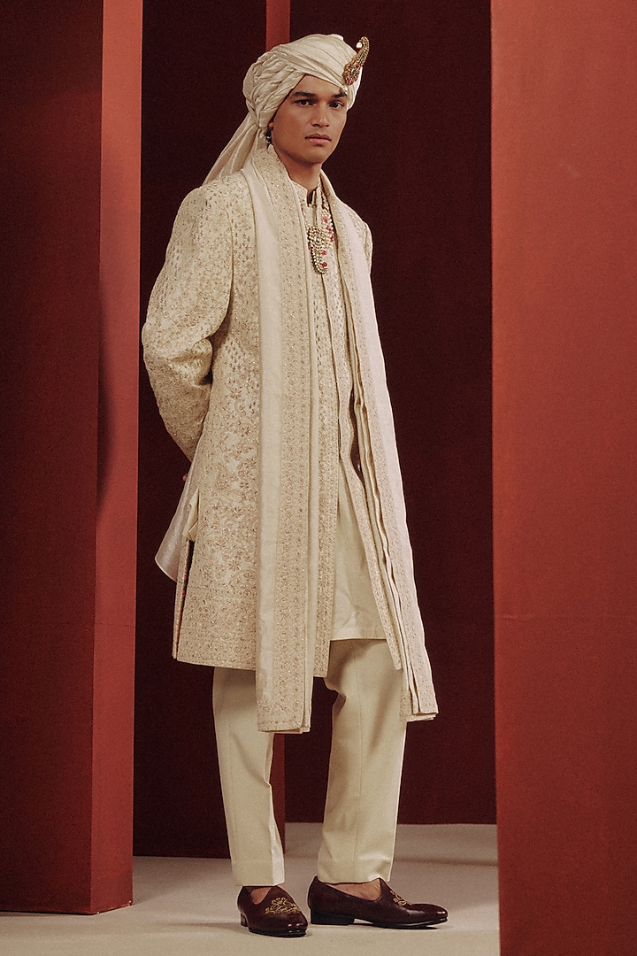Ivory Raw Silk Embroidered Groom Sherwani Set by Dolly J MAN at Pernia's Pop Up Shop