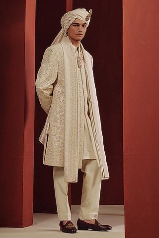 Ivory Raw Silk Embroidered Sherwani Set by Dolly J MAN