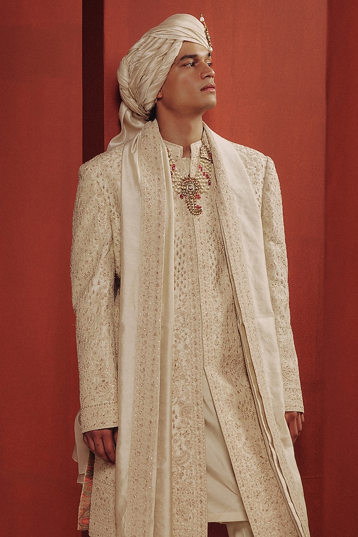Ivory Raw Silk Embroidered Groom Sherwani Set by Dolly J MAN at Pernia's Pop Up Shop