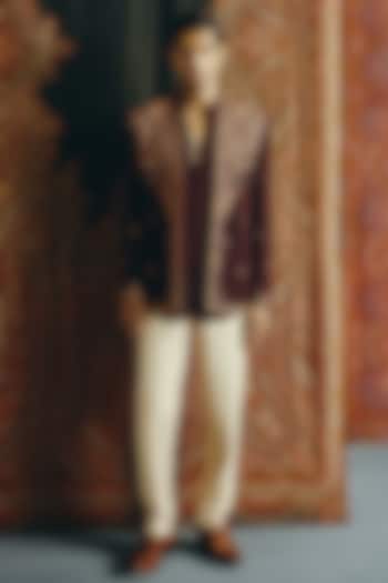 Maroon Japanese Crepe Kashmiri Embroidered Groom Indowestern Set by Dolly J MAN at Pernia's Pop Up Shop