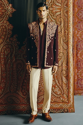 Maroon Japanese Crepe Kashmiri Embroidered Indowestern Set by Dolly J MAN