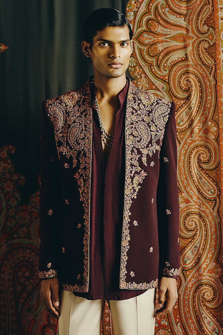 Maroon Japanese Crepe Kashmiri Embroidered Groom Indowestern Set by Dolly J MAN at Pernia's Pop Up Shop