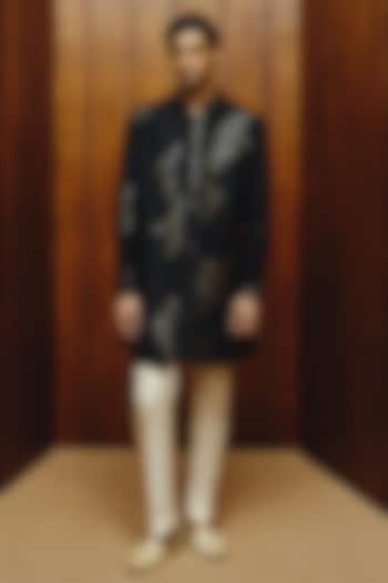 Black Raw Silk Mirror Embroidered Achkan Set by Dolly J MAN at Pernia's Pop Up Shop