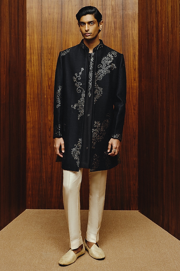 Black Raw Silk Mirror Embroidered Achkan Set by Dolly J MAN at Pernia's Pop Up Shop