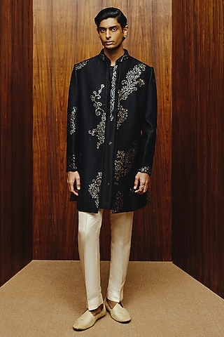 Black Raw Silk Mirror Embroidered Achkan Set by Dolly J MAN
