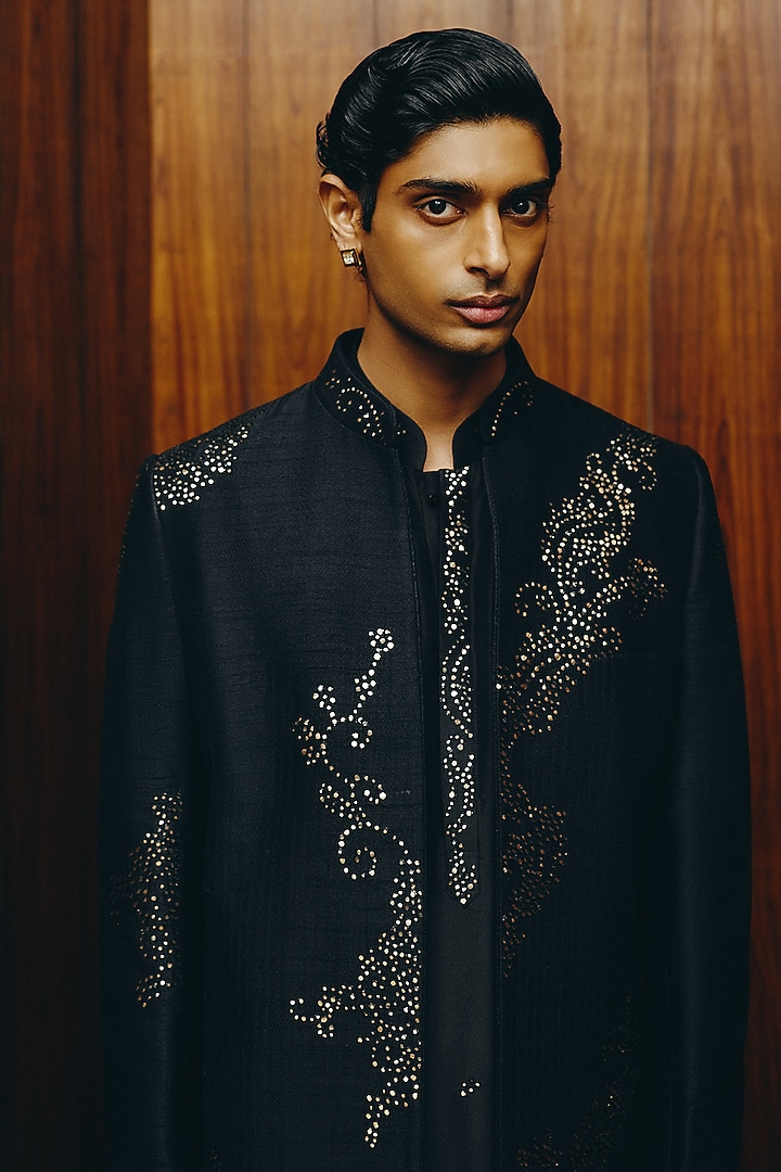 Black Raw Silk Mirror Embroidered Achkan Set by Dolly J MAN at Pernia's Pop Up Shop