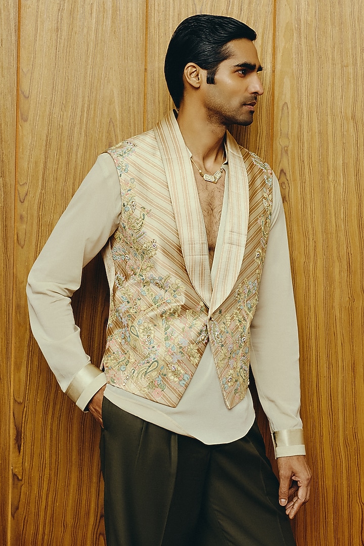 Light Olive Satin Embroidered Waistcoat Set by Dolly J MAN at Pernia's Pop Up Shop
