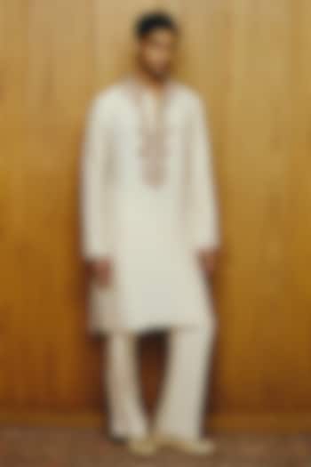 Ivory Silk Embroidered Kurta Set by Dolly J MAN at Pernia's Pop Up Shop