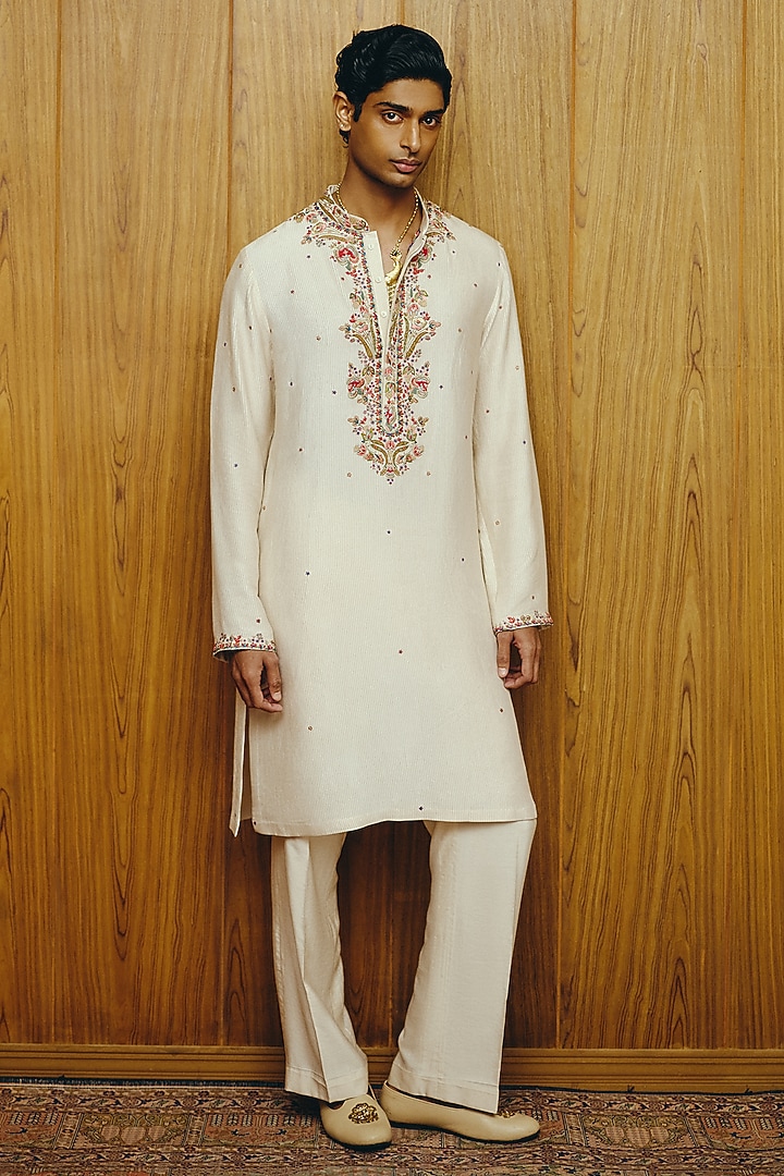 Ivory Silk Embroidered Kurta Set by Dolly J MAN at Pernia's Pop Up Shop