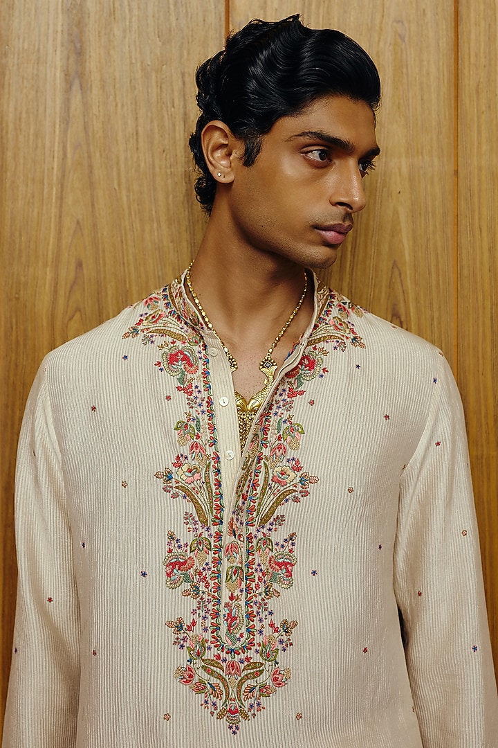 Ivory Silk Embroidered Kurta Set by Dolly J MAN at Pernia's Pop Up Shop