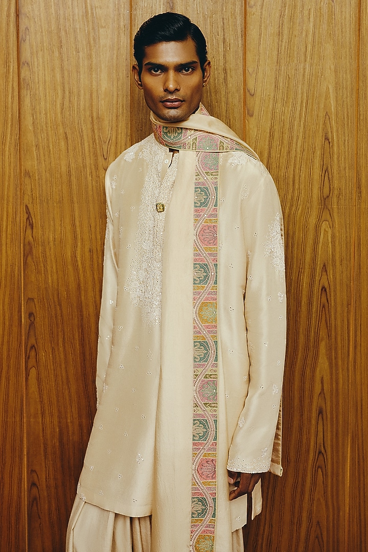 Ivory Cotton Silk Embroidered Kurta Set by Dolly J MAN at Pernia's Pop Up Shop
