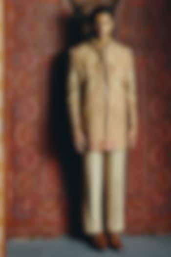 Beige Japanese Crepe Kashmiri Embroidered Groom Indowestern Set by Dolly J MAN at Pernia's Pop Up Shop