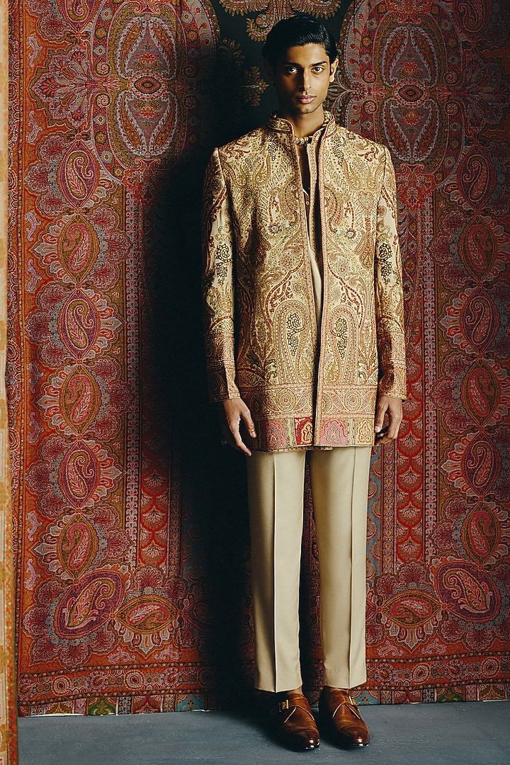 Beige Japanese Crepe Kashmiri Embroidered Groom Indowestern Set by Dolly J MAN at Pernia's Pop Up Shop