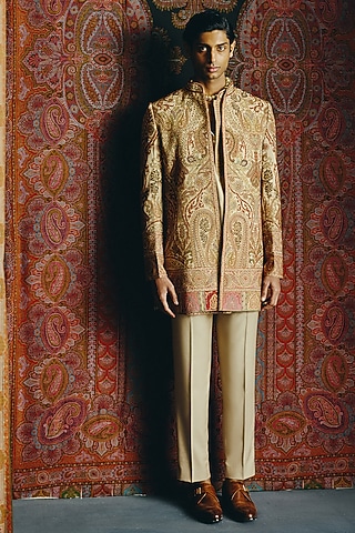 Beige Japanese Crepe Kashmiri Embroidered Indowestern Set by Dolly J MAN