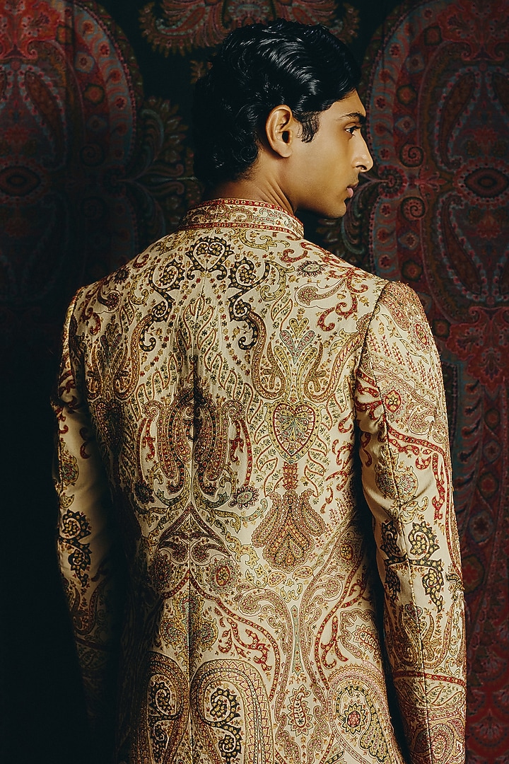 Beige Japanese Crepe Kashmiri Embroidered Groom Indowestern Set by Dolly J MAN at Pernia's Pop Up Shop