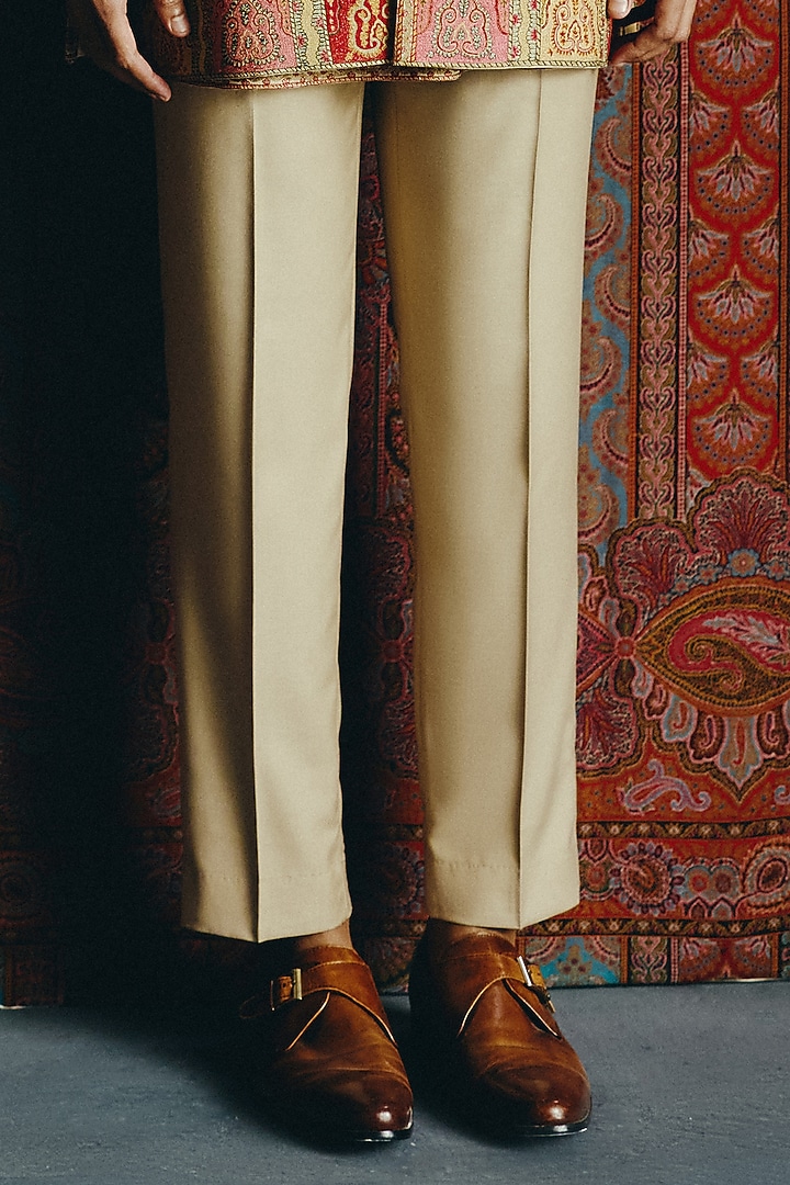 Beige Japanese Crepe Kashmiri Embroidered Groom Indowestern Set by Dolly J MAN at Pernia's Pop Up Shop