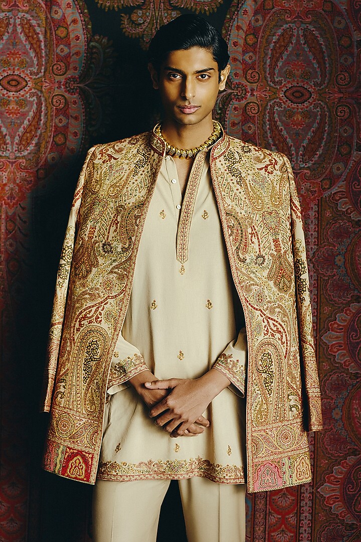 Beige Japanese Crepe Kashmiri Embroidered Groom Indowestern Set by Dolly J MAN at Pernia's Pop Up Shop