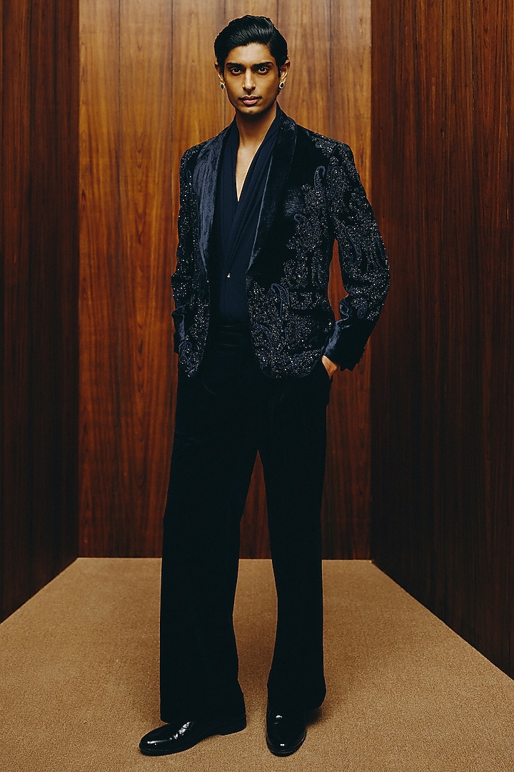 Dark Royal Blue Velvet Embroidered Tuxedo Set by Dolly J MAN at Pernia's Pop Up Shop