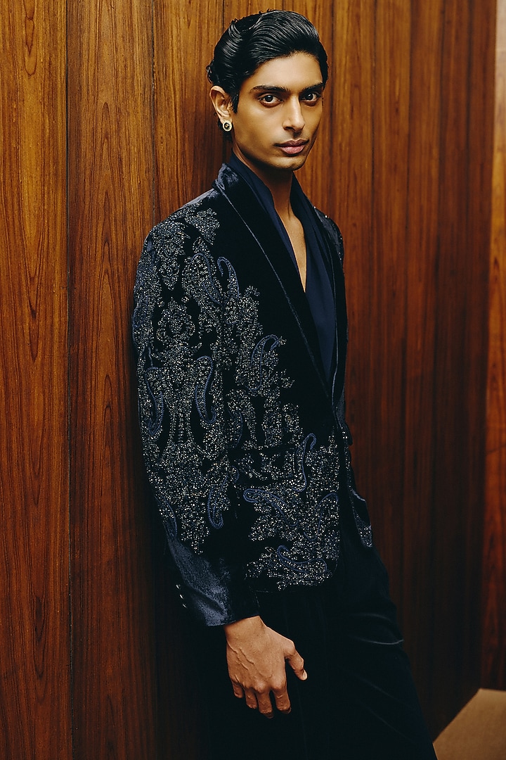 Dark Royal Blue Velvet Embroidered Tuxedo Set by Dolly J MAN at Pernia's Pop Up Shop