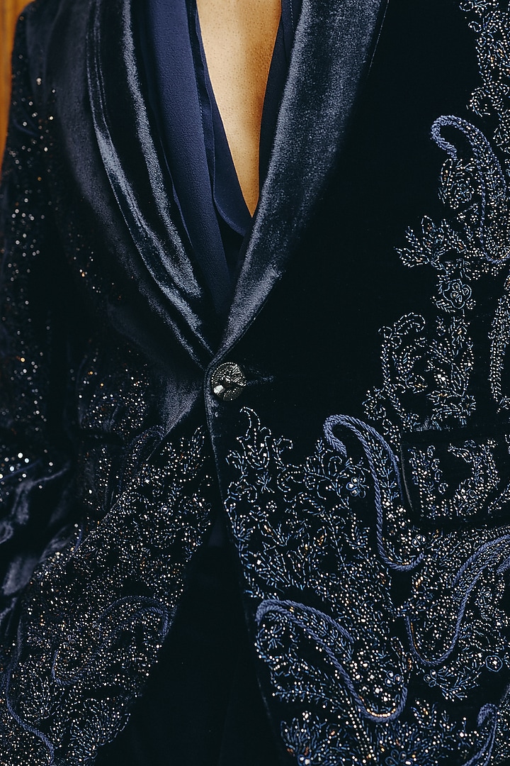 Dark Royal Blue Velvet Embroidered Tuxedo Set by Dolly J MAN at Pernia's Pop Up Shop