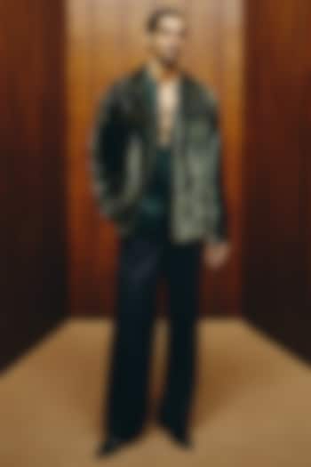 Deep Green Velvet Printed & Hand Embroidered Jacket Set by Dolly J MAN at Pernia's Pop Up Shop