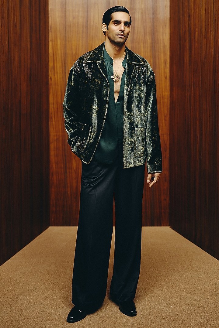 Deep Green Velvet Printed & Hand Embroidered Jacket Set by Dolly J MAN at Pernia's Pop Up Shop