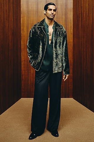 Deep Green Velvet Printed & Hand Embroidered Jacket Set by Dolly J MAN
