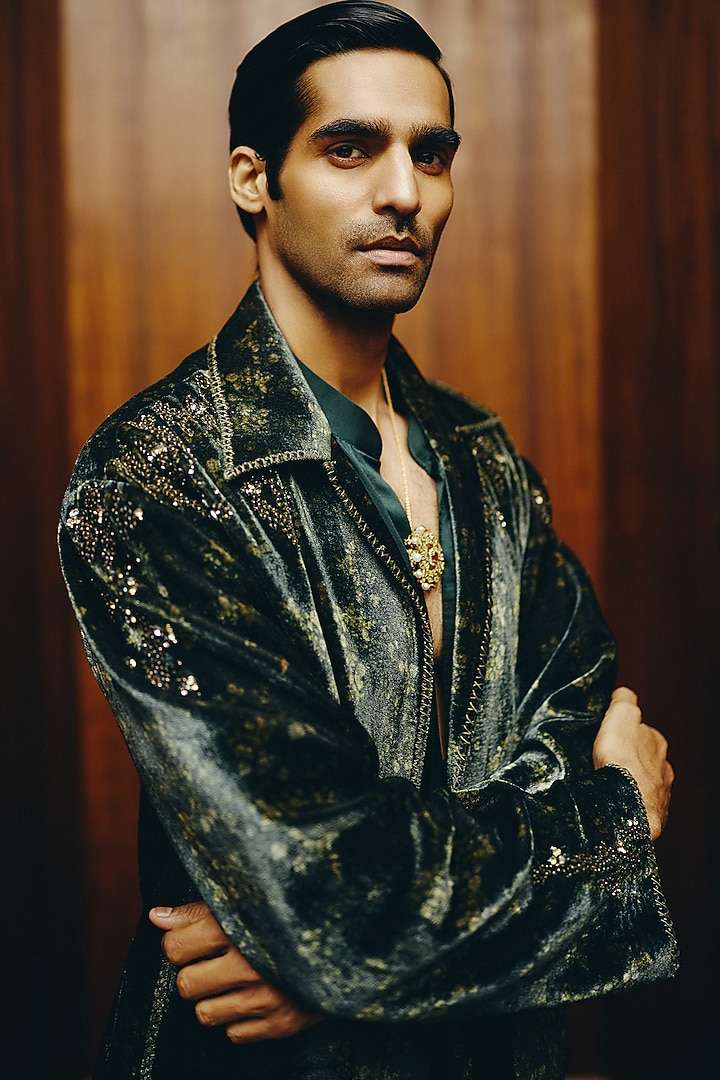 Deep Green Velvet Printed & Hand Embroidered Jacket Set by Dolly J MAN at Pernia's Pop Up Shop