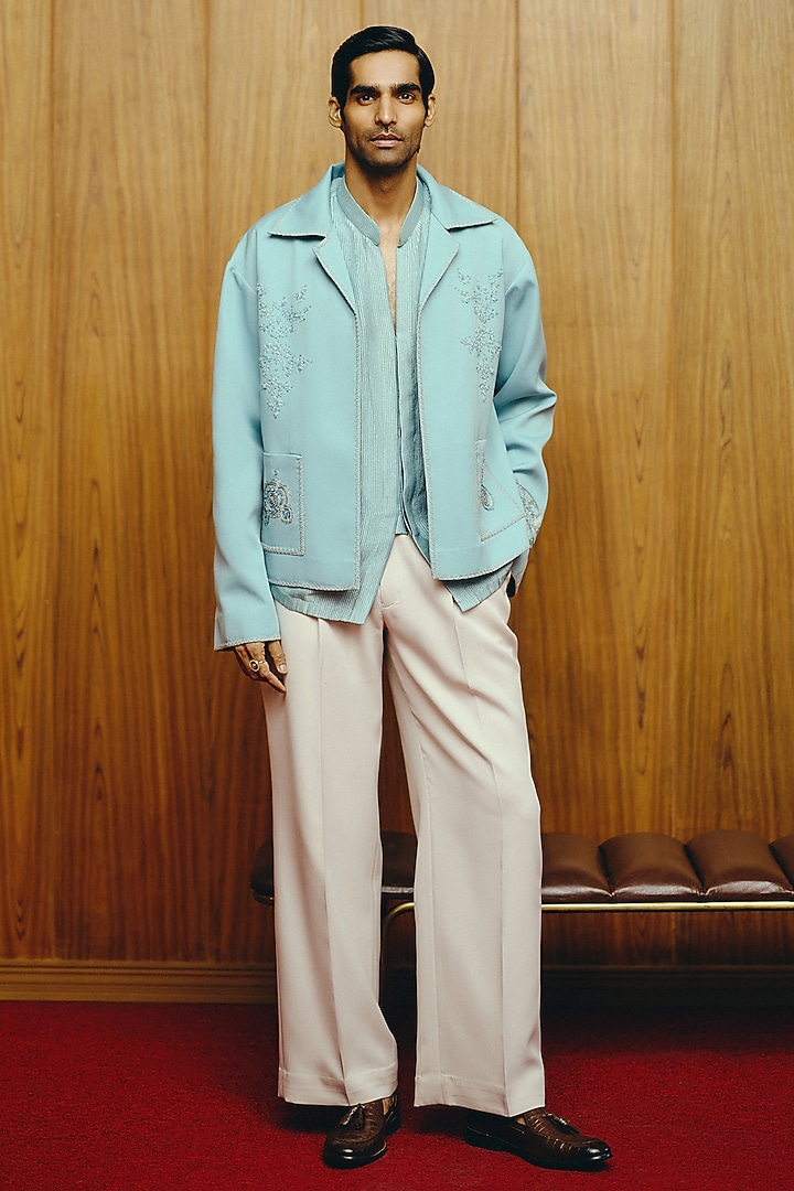 Ice Blue Banana Crepe Embroidered Jacket Set by Dolly J MAN at Pernia's Pop Up Shop