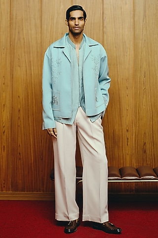 Ice Blue Banana Crepe Embroidered Jacket Set by Dolly J MAN
