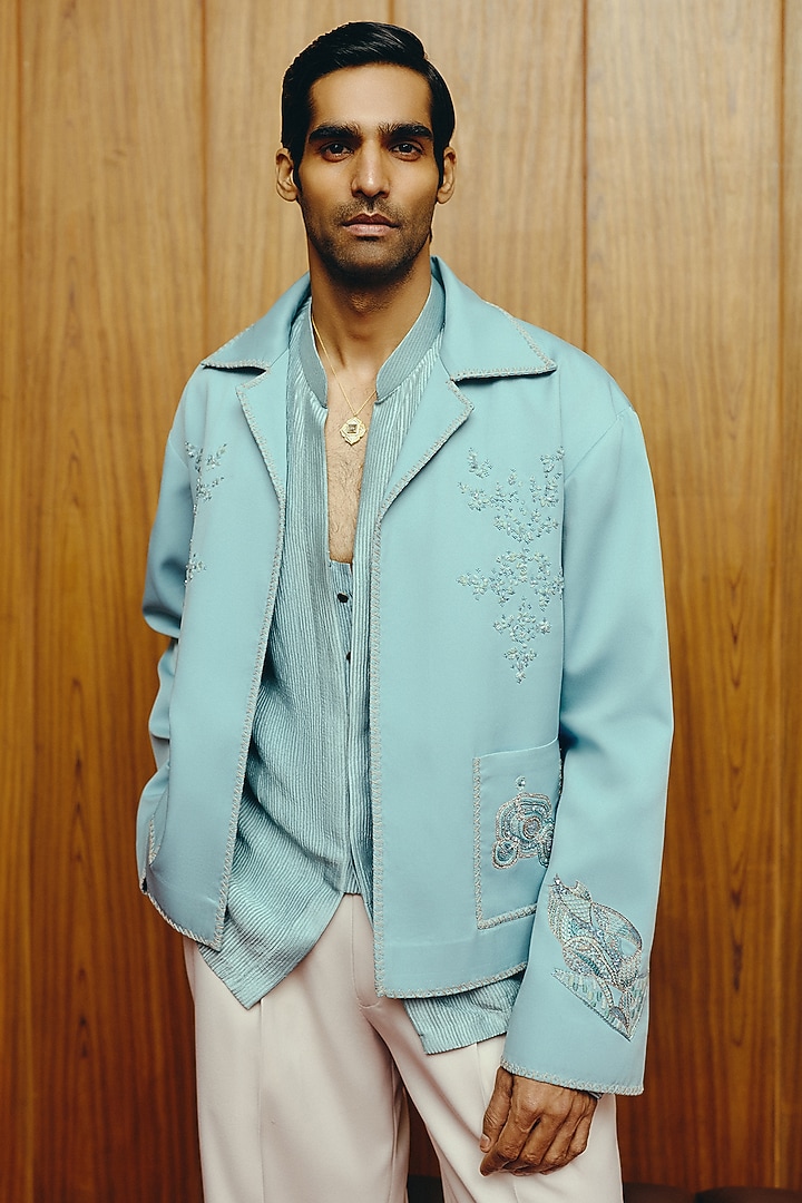 Ice Blue Banana Crepe Embroidered Jacket Set by Dolly J MAN at Pernia's Pop Up Shop