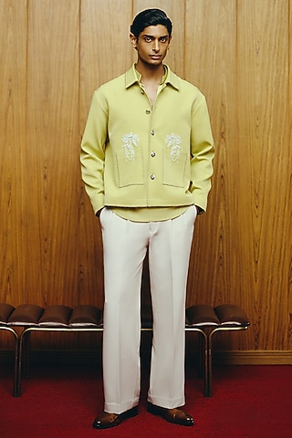 Lime Green Banana Crepe Embroidered Jacket Set by Dolly J MAN